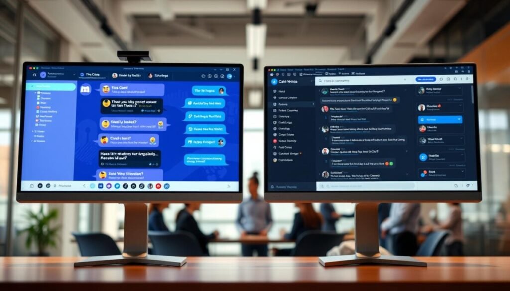 A modern digital workspace showcasing two distinct chat interfaces side by side, reflecting the differences in text communication threading. In the foreground, depict a sleek computer monitor displaying a vibrant Discord interface with colorful chat threads and emojis, emphasizing its casual and dynamic nature. Adjacent, feature a professional Slack interface with neatly organized channels and threaded conversations, highlighting its structured, business-oriented approach. The middle layer should include subtle hints of diverse users engaging in discussion, dressed in professional attire, set against a soft-focus office background. Use warm, inviting lighting to create a collaborative atmosphere, with a slight depth of field to draw attention to the chat interfaces, showcasing their unique threading capabilities. A modern digital workspace showcasing two distinct chat interfaces side by side, reflecting the differences in text communication threading. In the foreground, depict a sleek computer monitor displaying a vibrant Discord interface with colorful chat threads and emojis, emphasizing its casual and dynamic nature. Adjacent, feature a professional Slack interface with neatly organized channels and threaded conversations, highlighting its structured, business-oriented approach. The middle layer should include subtle hints of diverse users engaging in discussion, dressed in professional attire, set against a soft-focus office background. Use warm, inviting lighting to create a collaborative atmosphere, with a slight depth of field to draw attention to the chat interfaces, showcasing their unique threading capabilities.
