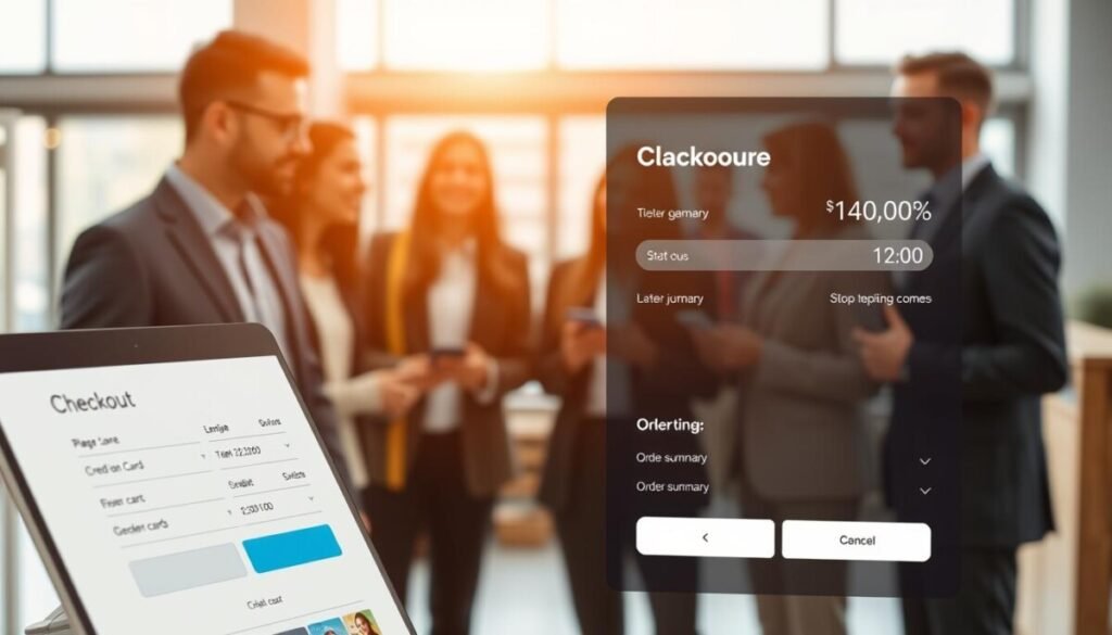 A modern e-commerce checkout interface inspired by Shopify Plus, depicted prominently in the foreground with a sleek design featuring clean lines and user-friendly navigation. The checkout page showcases various fields filled with professional and vibrant graphics, including credit card input and order summary sections. In the middle ground, blurred images of a diverse group of business professionals, dressed in smart attire, engaged in discussions about the checkout process. The background features a bright, open office environment with light streaming through large windows, creating an atmosphere of innovation and efficiency. The overall mood is professional and energetic, captured with a shallow depth of field for a polished look, evoking a sense of streamlined enterprise capabilities.