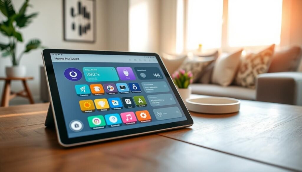 A modern home assistant dashboard displayed on a sleek tablet, positioned on a stylish wooden table in a cozy living room setting. The foreground features a vibrant touchscreen interface showcasing smart home features such as temperature control, security cameras, and ambient lighting settings, all represented with colorful icons. In the middle, a comfortable sofa with decorative pillows and a small potted plant enhances the inviting atmosphere. The background shows soft, natural light filtering through a large window, illuminating the space and creating a warm, welcoming mood. The scene is captured from a slight overhead angle, emphasizing the dashboard's user-friendly layout and the modern home environment. The overall atmosphere conveys ease of use and accessibility for beginners navigating smart home technology.