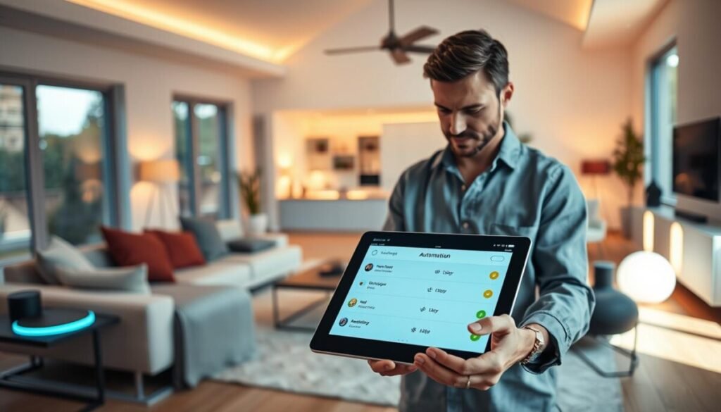 A modern home interior showcasing advanced smart home automation. In the foreground, a sleek tablet displays various automation settings, with a gentle glow emanating from the screen. The middle ground features an open-plan living area with stylish furniture—couch, coffee table, and high-tech devices like smart speakers and automated lights that change colors. The background reveals large windows with natural light streaming in, accentuated by soft, ambient lighting throughout the room. A professional individual in modest casual clothing engages with the tablet, reflecting focus and productivity. The mood is vibrant and futuristic, emphasizing comfort and efficiency in personal productivity. The camera angle is slightly elevated, capturing the warmth and functionality of the space while highlighting the seamless integration of technology. A modern home interior showcasing advanced smart home automation. In the foreground, a sleek tablet displays various automation settings, with a gentle glow emanating from the screen. The middle ground features an open-plan living area with stylish furniture—couch, coffee table, and high-tech devices like smart speakers and automated lights that change colors. The background reveals large windows with natural light streaming in, accentuated by soft, ambient lighting throughout the room. A professional individual in modest casual clothing engages with the tablet, reflecting focus and productivity. The mood is vibrant and futuristic, emphasizing comfort and efficiency in personal productivity. The camera angle is slightly elevated, capturing the warmth and functionality of the space while highlighting the seamless integration of technology.