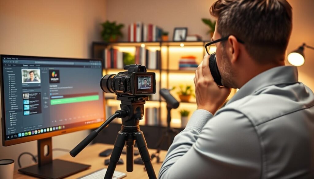 A modern home office setup for recording video, featuring a sleek desktop computer with OBS Studio open on the screen. In the foreground, a person in business casual attire is adjusting the camera, which is positioned on a tripod, aiming towards a well-lit backdrop of a sophisticated bookshelf filled with marketing books and plants. The warm, inviting lighting creates a professional atmosphere, enhancing the focus on the subject. In the middle ground, an audio recording device and a microphone are present, emphasizing the quality of the recording. The background shows a soft blur of neutral colors, ensuring the main action is highlighted. The mood is energetic and productive, capturing the essence of professional video recording for business and marketing purposes.