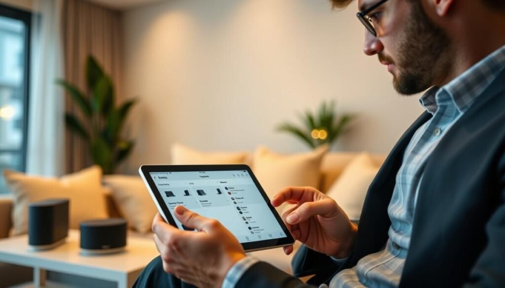 A modern living room setting where an individual, dressed in smart casual attire, is attentively managing the Sonos app on a tablet. The foreground features a close-up of the tablet screen displaying the app interface with various speaker options and firmware updates. The middle ground shows the person interacting with the device, with a Sonos speaker elegantly placed on a shelf nearby. In the background, soft ambient lighting creates a warm and inviting atmosphere, with plush furniture and decorative plants enhancing the cozy space. The angle is slightly tilted to focus on both the screen and the individual's engaged expression, highlighting their active role in updating the Sonos firmware. The mood is one of focus and technology integration, reflecting the importance of managing devices seamlessly. A modern living room setting where an individual, dressed in smart casual attire, is attentively managing the Sonos app on a tablet. The foreground features a close-up of the tablet screen displaying the app interface with various speaker options and firmware updates. The middle ground shows the person interacting with the device, with a Sonos speaker elegantly placed on a shelf nearby. In the background, soft ambient lighting creates a warm and inviting atmosphere, with plush furniture and decorative plants enhancing the cozy space. The angle is slightly tilted to focus on both the screen and the individual's engaged expression, highlighting their active role in updating the Sonos firmware. The mood is one of focus and technology integration, reflecting the importance of managing devices seamlessly.
