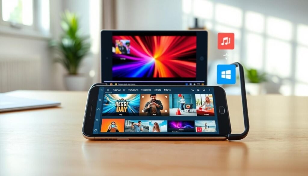 A modern mobile device displaying vibrant CapCut templates on its screen, surrounded by visually engaging elements that showcase video editing tools like icons for music, transitions, and effects. The foreground features the smartphone at a slight angle with a clean, minimalistic workspace beneath it, perhaps a wooden table. In the middle, include colorful, eye-catching images from the templates, such as dynamic visuals for social media videos. The background portrays a bright and inviting room with soft natural light coming in through a window, creating a productive atmosphere. The mood should be inspiring and creative, enticing mobile app users to explore video editing. The composition should focus on clarity and simplicity, enabling viewers to easily understand the CapCut templates' potential.