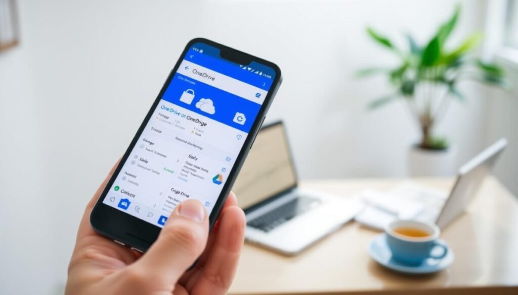 A modern mobile phone displaying the interfaces of OneDrive and Google Drive side by side, showcasing their storage options and sharing features. The foreground features a hand holding the phone, with a clean and sleek design. In the middle, a soft blur transitions to a stylish office workspace, with a laptop, notepad, and a cup of coffee, creating an atmosphere of productivity. The background displays a softly lit room with natural light streaming through a window, highlighting a plant in the corner. The overall mood is optimistic and professional, inviting users to explore cloud storage solutions. The focus is sharp on the phone, with a slight bokeh effect on the background, emphasizing the mobile app experience. A modern mobile phone displaying the interfaces of OneDrive and Google Drive side by side, showcasing their storage options and sharing features. The foreground features a hand holding the phone, with a clean and sleek design. In the middle, a soft blur transitions to a stylish office workspace, with a laptop, notepad, and a cup of coffee, creating an atmosphere of productivity. The background displays a softly lit room with natural light streaming through a window, highlighting a plant in the corner. The overall mood is optimistic and professional, inviting users to explore cloud storage solutions. The focus is sharp on the phone, with a slight bokeh effect on the background, emphasizing the mobile app experience.