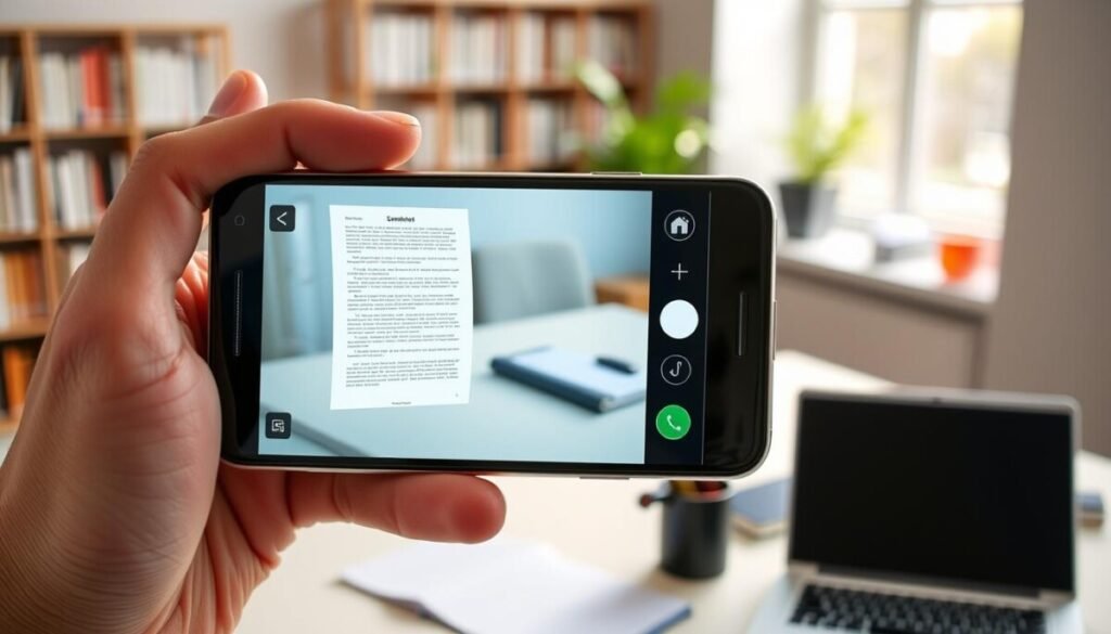 A modern mobile scanning app interface displayed on a sleek smartphone held in a professional’s hand, capturing a document with OCR technology. In the foreground, the smartphone screen shows a clear view of text being scanned from a printed page, with vibrant colors and sharp details. The middle ground features an office setting with a clean desk, a laptop, and stationery items, conveying an atmosphere of productivity. Soft, natural lighting from a nearby window casts gentle shadows, enhancing the realism of the scene. In the background, a blurred view of bookshelves adds depth, creating a focused yet inviting ambiance. The overall mood is one of efficiency and modern technology, perfect for on-the-go tasks.