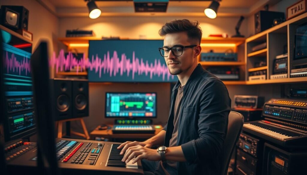 A modern music studio filled with colorful equipment and sounds. In the foreground, a focused music producer is working on a digital audio workstation, wearing smart casual clothing, with an animated expression of creativity. The middle layer features soundwave visuals and musical notes extending dynamically across a digital screen, illustrating the concept of iterative music track extensions. In the background, shelves are lined with audio gear and sound panels, illuminated by warm ambient lighting that creates a cozy yet inspiring atmosphere. The camera angle is slightly above eye level, giving a comprehensive view of the workspace, while soft spotlights highlight the equipment, enhancing the creative mood of the scene. A modern music studio filled with colorful equipment and sounds. In the foreground, a focused music producer is working on a digital audio workstation, wearing smart casual clothing, with an animated expression of creativity. The middle layer features soundwave visuals and musical notes extending dynamically across a digital screen, illustrating the concept of iterative music track extensions. In the background, shelves are lined with audio gear and sound panels, illuminated by warm ambient lighting that creates a cozy yet inspiring atmosphere. The camera angle is slightly above eye level, giving a comprehensive view of the workspace, while soft spotlights highlight the equipment, enhancing the creative mood of the scene.