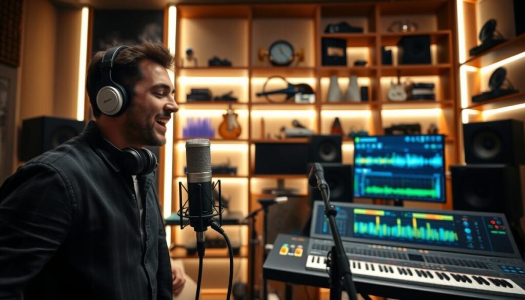 A modern music studio setting with a focus on vocals, featuring a professional singer passionately performing into a high-quality microphone. In the foreground, a well-dressed male vocalist, dressed in a smart casual outfit, seems immersed in his creative process, with studio headphones around his neck. In the middle ground, an advanced digital audio workstation (DAW) displays colorful waveforms and sound effects, emphasizing technology’s role in music production. In the background, softly illuminated shelves filled with musical instruments and sound mixing equipment create a cozy yet futuristic ambiance. The soft, diffused lighting casts gentle shadows, enhancing the dynamic atmosphere of creativity and innovation in music. The angle captures a slightly low perspective, drawing the viewer into an inspiring world of song creation. A modern music studio setting with a focus on vocals, featuring a professional singer passionately performing into a high-quality microphone. In the foreground, a well-dressed male vocalist, dressed in a smart casual outfit, seems immersed in his creative process, with studio headphones around his neck. In the middle ground, an advanced digital audio workstation (DAW) displays colorful waveforms and sound effects, emphasizing technology’s role in music production. In the background, softly illuminated shelves filled with musical instruments and sound mixing equipment create a cozy yet futuristic ambiance. The soft, diffused lighting casts gentle shadows, enhancing the dynamic atmosphere of creativity and innovation in music. The angle captures a slightly low perspective, drawing the viewer into an inspiring world of song creation.