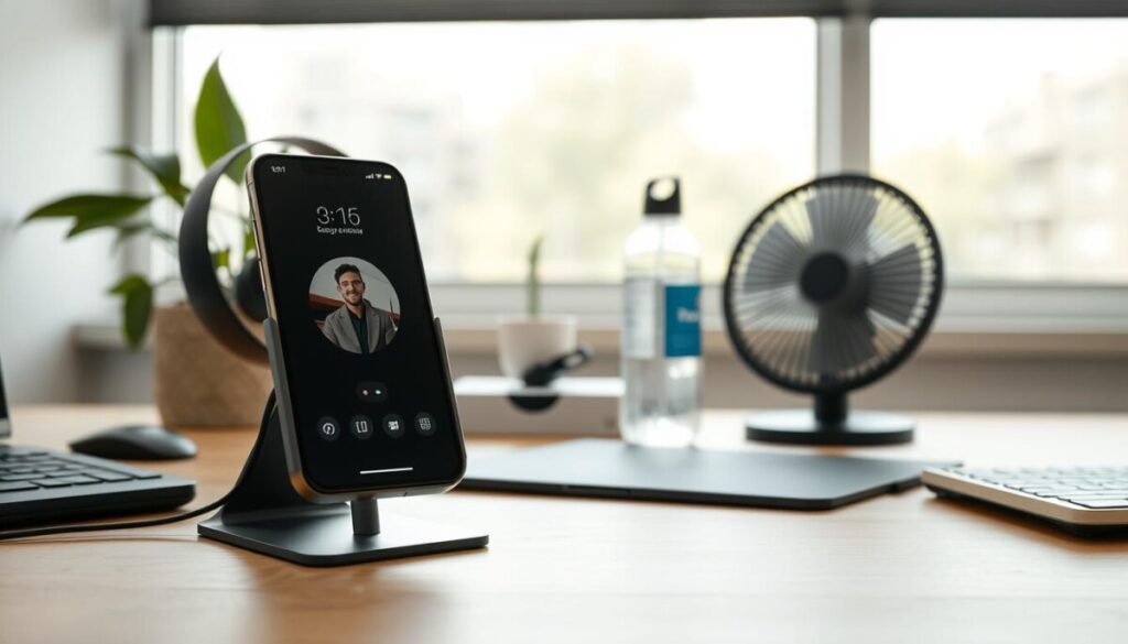 A modern office desk setting illustrating long-term device heat strategies for smartphones during video calls. In the foreground, a sleek smartphone is shown placed on a stylish, ventilated stand, displaying a Zoom call interface. The middle ground features a small, organized workspace with an energy-efficient desk fan and a water bottle to showcase hydration. Behind, a window reveals a bright day with soft sunlight filtering in, accentuating the fresh ambiance. The overall mood is professional and calm, suggesting effective solutions for preventing thermal issues. Use natural light to highlight the scene, creating soft shadows and adding depth. Ensure the setting is uncluttered and modern, reflecting a mindful approach to technology use while keeping the focus on device care.