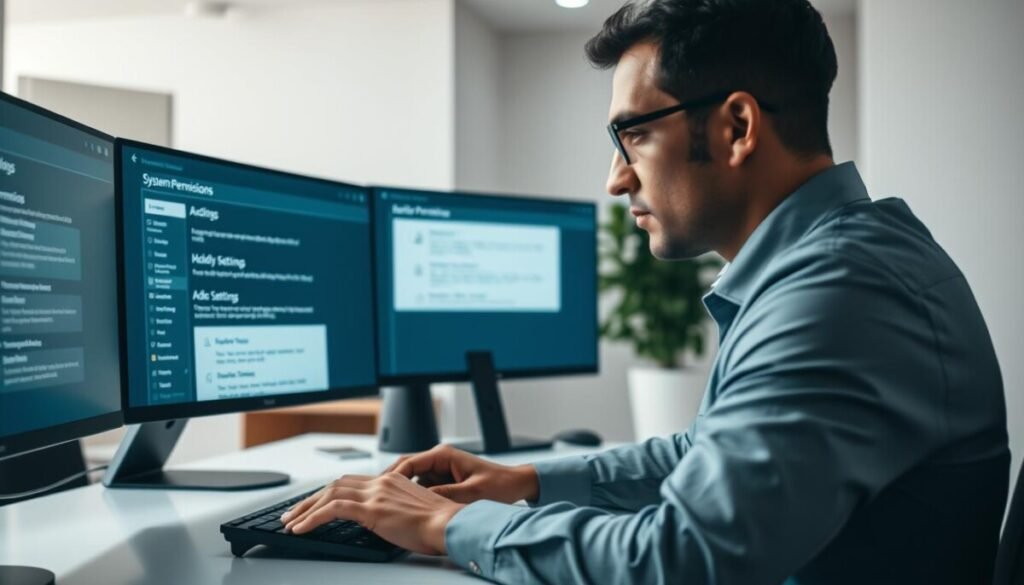 A modern office environment featuring a focused professional man in business attire, seated at a sleek desk with multiple computer monitors displaying system permission settings and audio driver configurations. The foreground shows a close-up of the man's hands interacting with a keyboard, emphasizing the technical aspect of managing permissions. In the middle, the monitors glow softly with graphical user interfaces highlighting permissions for audio and video settings, creating a workflow atmosphere. The background features a minimally decorated room with neutral tones and soft lighting, fostering a sense of concentration and diligence. The overall mood is one of productivity and problem-solving, capturing the essence of managing system permissions for optimal audio performance in digital communication. A modern office environment featuring a focused professional man in business attire, seated at a sleek desk with multiple computer monitors displaying system permission settings and audio driver configurations. The foreground shows a close-up of the man's hands interacting with a keyboard, emphasizing the technical aspect of managing permissions. In the middle, the monitors glow softly with graphical user interfaces highlighting permissions for audio and video settings, creating a workflow atmosphere. The background features a minimally decorated room with neutral tones and soft lighting, fostering a sense of concentration and diligence. The overall mood is one of productivity and problem-solving, capturing the essence of managing system permissions for optimal audio performance in digital communication.