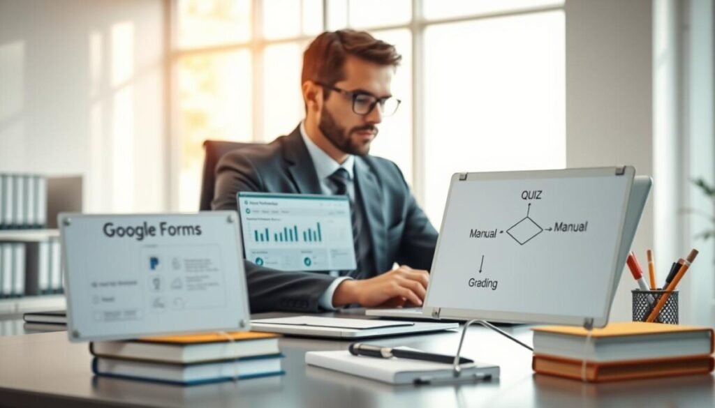 A modern office environment featuring a focused professional man in business attire, seated at a sleek desk with a laptop open, displaying a Google Forms interface. He is reviewing quiz results on the screen, which includes graphs and scores, symbolizing automatic grading. In the foreground, a small whiteboard highlights a flowchart detailing manual grading processes. The middle ground has books and stationery organized neatly, while the background showcases a large window letting in soft, natural light, enhancing a productive atmosphere. The scene captures a balance between technology and traditional assessment methods, evoking a sense of efficiency and clarity in educational evaluation strategies. The image is shot with a shallow depth of field, bringing the man and his desk into sharp focus, while the background remains slightly blurred.