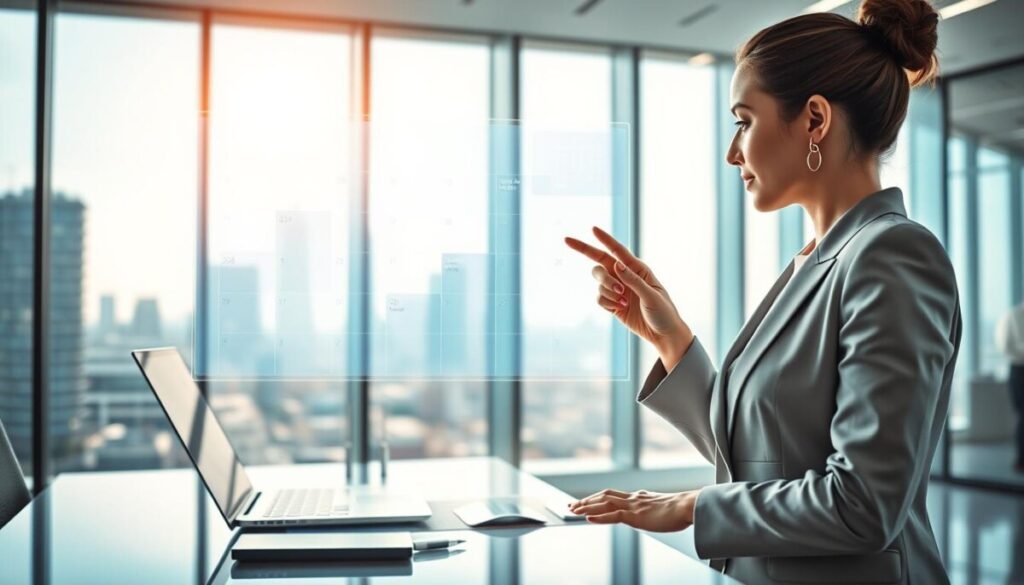 A modern office environment featuring a sleek digital interface displaying an artificial intelligence scheduling tool. In the foreground, a woman in professional business attire interacts with a holographic calendar, her fingers gracefully pointing at upcoming appointments. Behind her, a large window reveals a bustling cityscape bathed in soft, natural light, giving an atmosphere of productivity and efficiency. The middle layer showcases a stylish desk with a laptop, smart devices, and digital notifications floating in the air, suggesting real-time scheduling updates. The overall mood is vibrant and innovative, evoking the transformative power of AI in enhancing productivity and time management. The image should be bright and well-lit, emphasizing a sense of forward-thinking and organization.