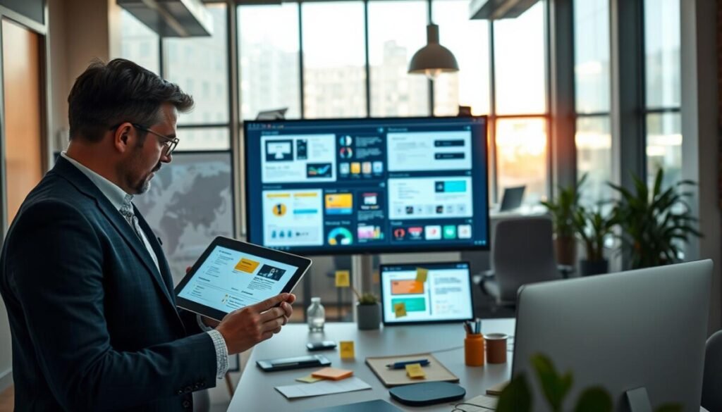 A modern office environment illustrating interactive clickable prototypes on sleek digital screens. In the foreground, two professionals in smart casual attire are engaged in a lively discussion, pointing at a vibrant wireframe displayed on a tablet. The middle layer features multiple screens showcasing dynamic design elements and clickable buttons, surrounded by sticky notes and sketches, emphasizing a collaborative atmosphere. In the background, large windows let in soft natural light, casting a warm glow across the workspace. The scene is captured from a slightly elevated angle, conveying depth and engagement, with a bustling yet focused vibe that reflects innovation and creativity in design prototyping. A modern office environment illustrating interactive clickable prototypes on sleek digital screens. In the foreground, two professionals in smart casual attire are engaged in a lively discussion, pointing at a vibrant wireframe displayed on a tablet. The middle layer features multiple screens showcasing dynamic design elements and clickable buttons, surrounded by sticky notes and sketches, emphasizing a collaborative atmosphere. In the background, large windows let in soft natural light, casting a warm glow across the workspace. The scene is captured from a slightly elevated angle, conveying depth and engagement, with a bustling yet focused vibe that reflects innovation and creativity in design prototyping.