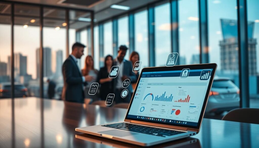 A modern office environment showcasing CRM integrations and workflow automation. In the foreground, a sleek laptop with a CRM dashboard displayed, surrounded by symbols representing various software integrations like cloud storage, calendars, and analytics tools. The middle ground features a diverse group of professionals in business attire, engaged in a collaborative discussion, pointing at data visualizations on the laptop screen. The background includes glass windows revealing a bustling cityscape, illuminated by soft, warm lighting that creates an inspiring atmosphere. The composition is captured with a wide-angle lens to emphasize the interconnectedness of technology and teamwork, conveying a sense of innovation and productivity in the workplace. A modern office environment showcasing CRM integrations and workflow automation. In the foreground, a sleek laptop with a CRM dashboard displayed, surrounded by symbols representing various software integrations like cloud storage, calendars, and analytics tools. The middle ground features a diverse group of professionals in business attire, engaged in a collaborative discussion, pointing at data visualizations on the laptop screen. The background includes glass windows revealing a bustling cityscape, illuminated by soft, warm lighting that creates an inspiring atmosphere. The composition is captured with a wide-angle lens to emphasize the interconnectedness of technology and teamwork, conveying a sense of innovation and productivity in the workplace.