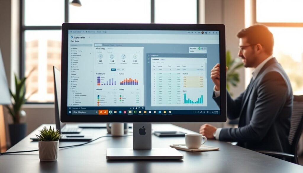 A modern office environment showcasing Zapier Tables for workflow automation. In the foreground, a sleek computer screen displays a vibrant, colorful interface of Zapier Tables filled with organized data and visually appealing graphs. To the side, a professional individual, dressed in smart casual attire, is thoughtfully analyzing the screen. The middle ground features a tidy workspace with a notepad, coffee cup, and a small plant, suggesting productivity and focus. In the background, large windows let in bright natural light, creating a warm and inviting atmosphere. A subtle depth of field effect adds to the clarity of the foreground while softening the details in the background. The overall mood is one of innovation, efficiency, and modern technology. A modern office environment showcasing Zapier Tables for workflow automation. In the foreground, a sleek computer screen displays a vibrant, colorful interface of Zapier Tables filled with organized data and visually appealing graphs. To the side, a professional individual, dressed in smart casual attire, is thoughtfully analyzing the screen. The middle ground features a tidy workspace with a notepad, coffee cup, and a small plant, suggesting productivity and focus. In the background, large windows let in bright natural light, creating a warm and inviting atmosphere. A subtle depth of field effect adds to the clarity of the foreground while softening the details in the background. The overall mood is one of innovation, efficiency, and modern technology.