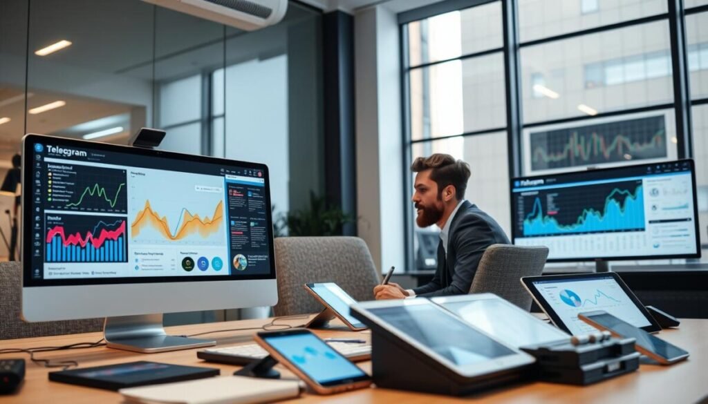 A modern office environment showcasing a sophisticated analytics workspace dedicated to monitoring Telegram channels. In the foreground, a sleek computer monitor displays colorful graphs and metrics relating to audience engagement. A person in professional attire, focused and engaged, is seated at the desk, analyzing data with a thoughtful expression. The middle ground features an array of digital devices, like tablets and smartphone screens, highlighting the various analytics tools available. In the background, a large window lets in soft natural light, casting a bright but ambient glow over the scene. The atmosphere is one of concentration and professionalism, underscored by the orderly arrangement of tech gadgets and analytical charts. A modern office environment showcasing a sophisticated analytics workspace dedicated to monitoring Telegram channels. In the foreground, a sleek computer monitor displays colorful graphs and metrics relating to audience engagement. A person in professional attire, focused and engaged, is seated at the desk, analyzing data with a thoughtful expression. The middle ground features an array of digital devices, like tablets and smartphone screens, highlighting the various analytics tools available. In the background, a large window lets in soft natural light, casting a bright but ambient glow over the scene. The atmosphere is one of concentration and professionalism, underscored by the orderly arrangement of tech gadgets and analytical charts.