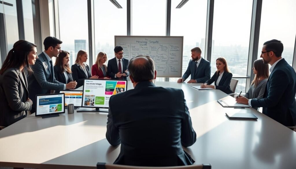 A modern office environment showcasing business professionals engaged in strategic template management for messaging. In the foreground, a diverse group of individuals in smart business attire are gathered around a sleek conference table, analyzing digital screens displaying colorful template message designs. The middle ground features a large whiteboard filled with notes and brainstorming ideas about effective communication strategies. In the background, large windows allow natural light to stream in, giving a bright and airy feel to the space, while a city skyline is faintly visible. The atmosphere is collaborative and energetic, emphasizing focus and professionalism, with soft shadows enhancing the depth of the scene. The image should be viewed from a slightly elevated angle to capture the dynamics of teamwork and technological integration. A modern office environment showcasing business professionals engaged in strategic template management for messaging. In the foreground, a diverse group of individuals in smart business attire are gathered around a sleek conference table, analyzing digital screens displaying colorful template message designs. The middle ground features a large whiteboard filled with notes and brainstorming ideas about effective communication strategies. In the background, large windows allow natural light to stream in, giving a bright and airy feel to the space, while a city skyline is faintly visible. The atmosphere is collaborative and energetic, emphasizing focus and professionalism, with soft shadows enhancing the depth of the scene. The image should be viewed from a slightly elevated angle to capture the dynamics of teamwork and technological integration.