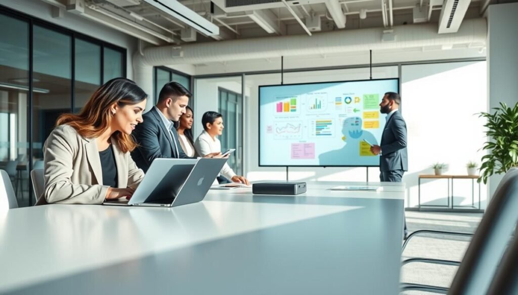 A modern office environment showcasing collaboration features, featuring a diverse group of professionals engaged in teamwork at a sleek conference table. In the foreground, a woman in a tailored blazer uses a laptop, while a man in smart casual attire, leaning over a tablet, discusses ideas enthusiastically. In the middle ground, a large digital whiteboard displays colorful charts and notes, illustrating brainstorming and project planning. The background is an expansive office space with large windows letting in natural light, creating a bright and inviting atmosphere. Soft shadows from the overhead lighting enhance the dynamic mood. The lens captures the scene from a slightly elevated angle, emphasizing the collaborative spirit and interaction among team members. A modern office environment showcasing collaboration features, featuring a diverse group of professionals engaged in teamwork at a sleek conference table. In the foreground, a woman in a tailored blazer uses a laptop, while a man in smart casual attire, leaning over a tablet, discusses ideas enthusiastically. In the middle ground, a large digital whiteboard displays colorful charts and notes, illustrating brainstorming and project planning. The background is an expansive office space with large windows letting in natural light, creating a bright and inviting atmosphere. Soft shadows from the overhead lighting enhance the dynamic mood. The lens captures the scene from a slightly elevated angle, emphasizing the collaborative spirit and interaction among team members.
