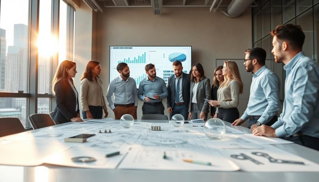 A modern office environment showcasing engineering as a marketing product. In the foreground, a diverse group of professionals—dressed in smart casual attire—are engaged in a brainstorming session around a sleek conference table filled with blueprints and digital prototypes. The middle ground features a large screen displaying data graphs and engineering designs. The background shows large windows with cityscape views, allowing natural sunlight to flood the room, enhancing a collaborative and innovative atmosphere. The image highlights a sense of teamwork and creativity, with warm lighting to convey optimism and productivity. The focus should be on the dynamic interaction among team members while showcasing high-tech engineering elements around them. The angle captures the excitement of an action moment in a bustling workspace.