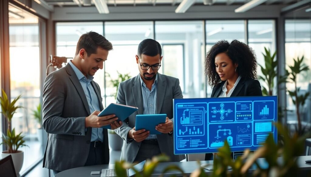 A modern office environment showcasing operations automation. In the foreground, a diverse team of three professionals in business attire are collaborating over digital tablets and laptops, visibly engaged in discussion. The middle ground features screens displaying data analytics, automation processes, and workflow diagrams, glowing softly in blue and green hues. The background displays a sleek, open-plan office with glass walls, plants, and natural light streaming in, creating a bright and inviting atmosphere. The lighting is warm, with sunlight filtering through the windows, casting gentle shadows. The mood is focused and efficient, emphasizing teamwork and innovation in optimizing operations and support tasks. The composition should have a dynamic perspective, possibly taken at a slight angle to add depth and interest. A modern office environment showcasing operations automation. In the foreground, a diverse team of three professionals in business attire are collaborating over digital tablets and laptops, visibly engaged in discussion. The middle ground features screens displaying data analytics, automation processes, and workflow diagrams, glowing softly in blue and green hues. The background displays a sleek, open-plan office with glass walls, plants, and natural light streaming in, creating a bright and inviting atmosphere. The lighting is warm, with sunlight filtering through the windows, casting gentle shadows. The mood is focused and efficient, emphasizing teamwork and innovation in optimizing operations and support tasks. The composition should have a dynamic perspective, possibly taken at a slight angle to add depth and interest.