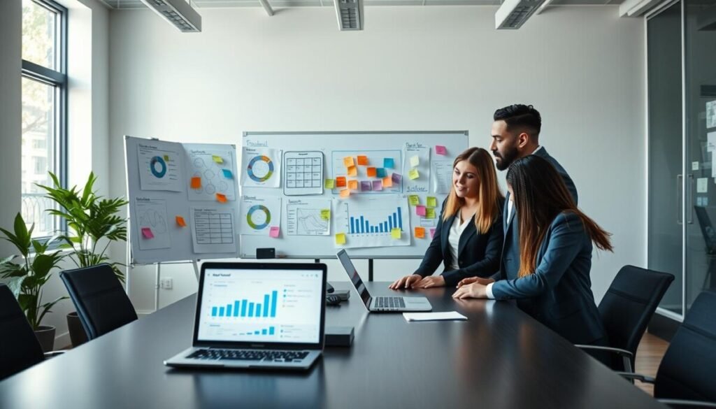 A modern office environment showcasing the concept of "project maintenance." In the foreground, a diverse team of three professionals, dressed in smart business attire, are gathered around a sleek conference table, deep in discussion over a digital dashboard displayed on a laptop. The middle scene features a large whiteboard filled with colorful project plans, graphs, and sticky notes, symbolizing organized workflows and long-term strategy. In the background, bright windows let in natural light, creating an uplifting atmosphere, while greenery adds a touch of nature. The overall mood is focused and collaborative, illustrating best practices in project management. The perspective is slightly elevated, giving a comprehensive view of the team's engagement. A modern office environment showcasing the concept of "project maintenance." In the foreground, a diverse team of three professionals, dressed in smart business attire, are gathered around a sleek conference table, deep in discussion over a digital dashboard displayed on a laptop. The middle scene features a large whiteboard filled with colorful project plans, graphs, and sticky notes, symbolizing organized workflows and long-term strategy. In the background, bright windows let in natural light, creating an uplifting atmosphere, while greenery adds a touch of nature. The overall mood is focused and collaborative, illustrating best practices in project management. The perspective is slightly elevated, giving a comprehensive view of the team's engagement.