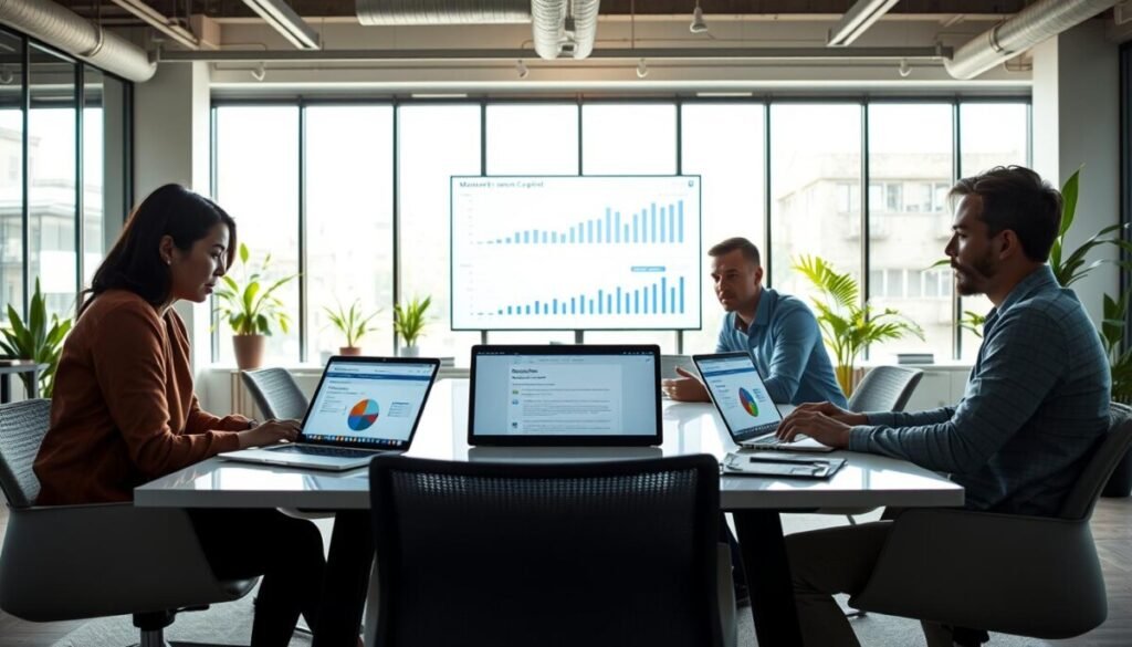 A modern office environment showcasing the seamless integration of Microsoft Copilot into business workflows. In the foreground, a diverse group of three professionals—one Asian woman and two Caucasian men—are collaborating around a sleek conference table with laptops open, displaying Copilot’s interface. The middle ground features a large smart screen showing data analytics powered by Microsoft Copilot, highlighting productivity enhancements. In the background, large windows let in natural light, illuminating the space and creating a bright, energetic atmosphere. The room is decorated with plants and minimalistic furniture, conveying a sense of innovation and collaboration. Use soft lighting to enhance the professional mood, with a slightly angled perspective to showcase both the people and the technology effectively. A modern office environment showcasing the seamless integration of Microsoft Copilot into business workflows. In the foreground, a diverse group of three professionals—one Asian woman and two Caucasian men—are collaborating around a sleek conference table with laptops open, displaying Copilot’s interface. The middle ground features a large smart screen showing data analytics powered by Microsoft Copilot, highlighting productivity enhancements. In the background, large windows let in natural light, illuminating the space and creating a bright, energetic atmosphere. The room is decorated with plants and minimalistic furniture, conveying a sense of innovation and collaboration. Use soft lighting to enhance the professional mood, with a slightly angled perspective to showcase both the people and the technology effectively.