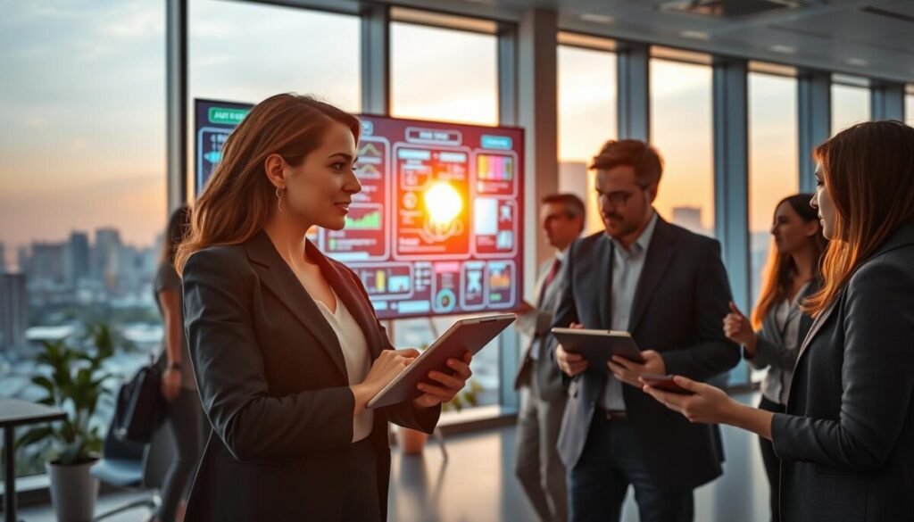A modern office environment with a diverse group of professionals collaborating on scaling automation strategies. In the foreground, a confident woman in smart business attire is discussing ideas with a colleague, who is reviewing data on a tablet. The middle section features a large digital screen displaying complex flowcharts and automation processes, illuminated with bright colors. In the background, a city skyline can be seen through large windows, with the sun setting, casting warm golden light across the room. Use a wide-angle lens to capture the bustling atmosphere, enhancing the sense of teamwork and innovation, while maintaining a professional and focused mood throughout the scene. A modern office environment with a diverse group of professionals collaborating on scaling automation strategies. In the foreground, a confident woman in smart business attire is discussing ideas with a colleague, who is reviewing data on a tablet. The middle section features a large digital screen displaying complex flowcharts and automation processes, illuminated with bright colors. In the background, a city skyline can be seen through large windows, with the sun setting, casting warm golden light across the room. Use a wide-angle lens to capture the bustling atmosphere, enhancing the sense of teamwork and innovation, while maintaining a professional and focused mood throughout the scene.
