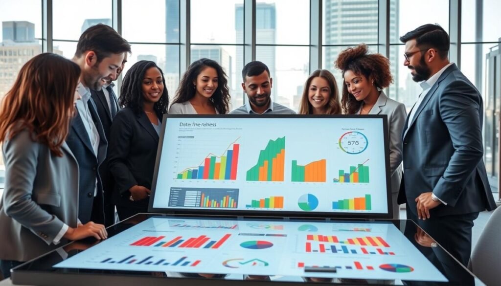 A modern office environment with a glass wall showcasing a city skyline in the background. In the foreground, a diverse group of professionals, dressed in business attire, are gathered around a large touchscreen table displaying colorful graphs and charts analyzing data trends. Their expressions reflect engagement and curiosity. Bright, natural light filters through large windows, illuminating the space and creating a vibrant atmosphere. The colors of the graphs are vivid, with reds, greens, and blues standing out against a sleek, minimalist design of the room. The focus is on collaboration and innovation, capturing the essence of teamwork in data analysis and insights.