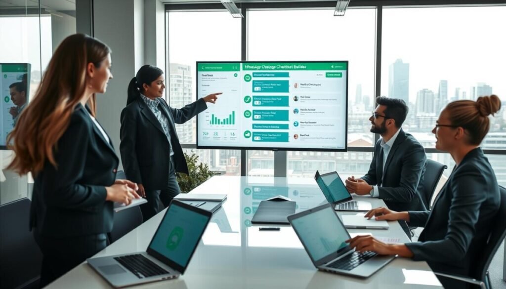 A modern office environment with a sleek, high-tech ambiance, featuring a diverse group of three professionals engaged in a discussion around a large digital screen displaying graphs and features of various WhatsApp chatbot builders. In the foreground, a woman in smart business attire points at the screen, while two colleagues, a man and another woman, look on thoughtfully with notepads in hand. In the middle ground, a stylish conference table is cluttered with laptops and tablets, showcasing chatbot interfaces. The background shows large windows with a city skyline view, allowing natural light to pour in, creating a bright and vibrant atmosphere. The scene conveys focus, collaboration, and innovation in evaluating digital tools for effective business communication.