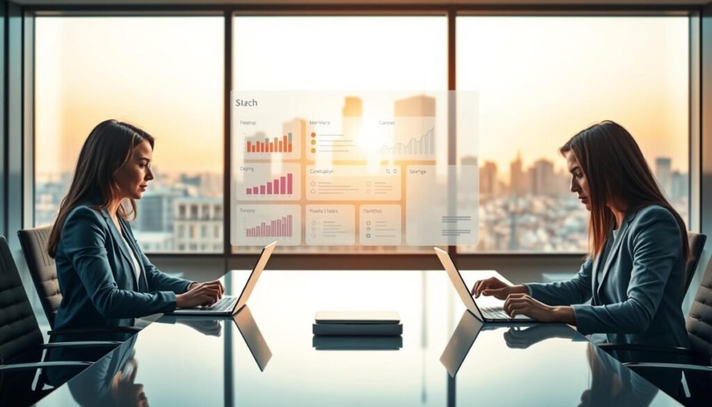 A modern office scene illustrating a sophisticated "meeting search" concept. In the foreground, a diverse group of three professionals—two women and one man—are engaged in a focused discussion around a sleek conference table, using laptops and digital tablets. Each person is dressed in smart business attire, with light reflecting off the devices. The middle layer features a transparent digital display showcasing visual graphs and search results related to meeting notes, conveying the integration of AI technology. In the background, large windows let in warm, natural light, illuminating a city skyline, creating a productive atmosphere. The overall mood is collaborative and forward-thinking, emphasizing knowledge management and innovation in meeting effectiveness. A modern office scene illustrating a sophisticated "meeting search" concept. In the foreground, a diverse group of three professionals—two women and one man—are engaged in a focused discussion around a sleek conference table, using laptops and digital tablets. Each person is dressed in smart business attire, with light reflecting off the devices. The middle layer features a transparent digital display showcasing visual graphs and search results related to meeting notes, conveying the integration of AI technology. In the background, large windows let in warm, natural light, illuminating a city skyline, creating a productive atmosphere. The overall mood is collaborative and forward-thinking, emphasizing knowledge management and innovation in meeting effectiveness.