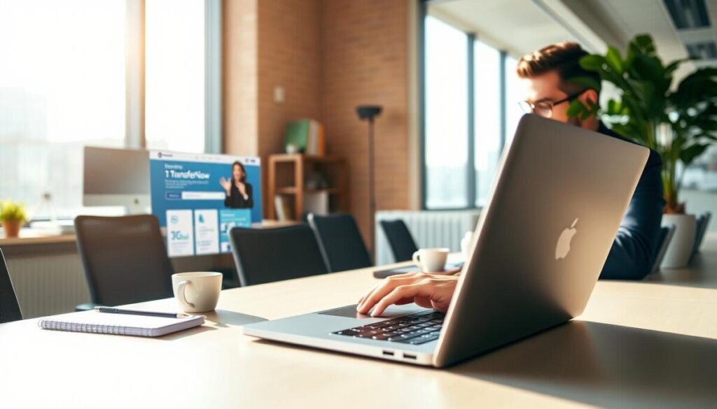 A modern office scene showcasing a sleek laptop on a stylish desk, with the TransferNow website prominently displayed on the screen. In the foreground, a business professional in smart attire is engaged with the laptop, demonstrating a file transfer, with a focused expression. In the middle, an organized workspace with office supplies, a notepad, and a cup of coffee, conveying a productive atmosphere. The background features large windows allowing natural light to flood the space, creating a warm and energetic environment. Soft shadows accentuate the desk's surface, and the overall mood is one of efficiency and innovation, perfect for illustrating flexibility and business needs. A modern office scene showcasing a sleek laptop on a stylish desk, with the TransferNow website prominently displayed on the screen. In the foreground, a business professional in smart attire is engaged with the laptop, demonstrating a file transfer, with a focused expression. In the middle, an organized workspace with office supplies, a notepad, and a cup of coffee, conveying a productive atmosphere. The background features large windows allowing natural light to flood the space, creating a warm and energetic environment. Soft shadows accentuate the desk's surface, and the overall mood is one of efficiency and innovation, perfect for illustrating flexibility and business needs.