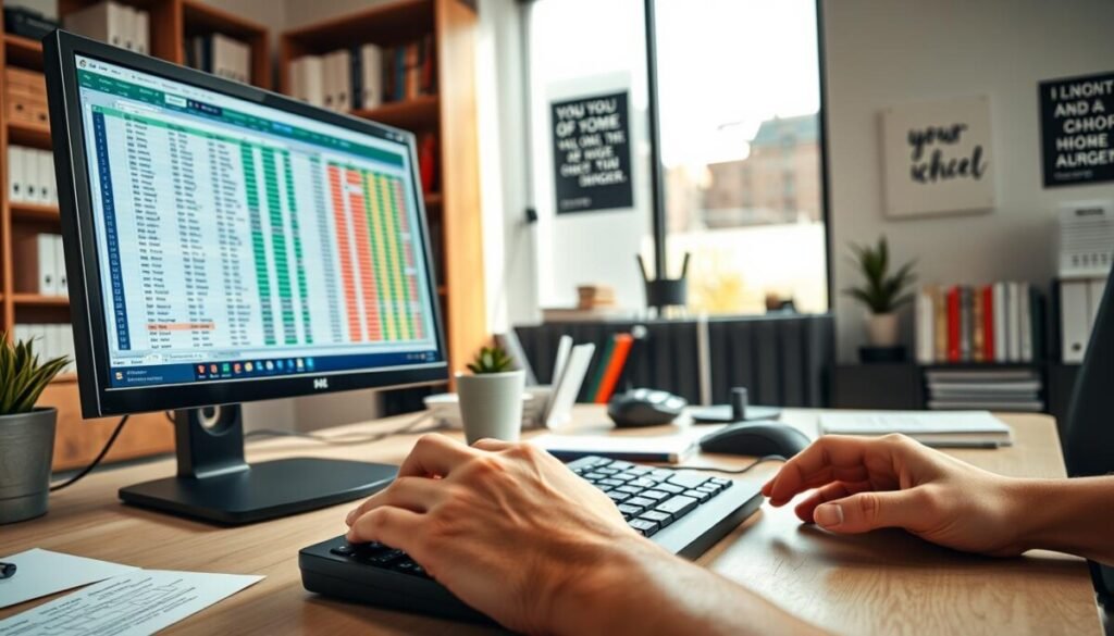 A modern office scene showcasing a vivid array of Excel spreadsheets on a computer screen. In the foreground, a hand is poised over a keyboard, fingers ready to execute a keyboard shortcut, emphasizing the theme of speed in formatting cells. The middle ground features a well-organized desk, scattered with notes, a coffee cup, and a high-quality ergonomic mouse. In the background, tall shelves filled with books and inspirational quotes add to the professional atmosphere. Soft, natural lighting illuminates the workspace, creating a warm and inviting mood, while the angle of the shot focuses on the keyboard and screen. This image captures the essence of productivity and efficient data management in a business environment, without any text or distractions. A modern office scene showcasing a vivid array of Excel spreadsheets on a computer screen. In the foreground, a hand is poised over a keyboard, fingers ready to execute a keyboard shortcut, emphasizing the theme of speed in formatting cells. The middle ground features a well-organized desk, scattered with notes, a coffee cup, and a high-quality ergonomic mouse. In the background, tall shelves filled with books and inspirational quotes add to the professional atmosphere. Soft, natural lighting illuminates the workspace, creating a warm and inviting mood, while the angle of the shot focuses on the keyboard and screen. This image captures the essence of productivity and efficient data management in a business environment, without any text or distractions.