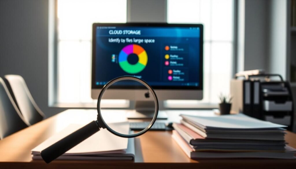 A modern office setting featuring a sleek computer desk with a large monitor displaying a colorful pie chart indicating cloud storage usage. In the foreground, use a magnifying glass hovering over files, symbolizing the action of identifying large files to free up space. The middle ground includes folders and blurred stack of paper, suggesting productivity and organization. The background shows a window with soft natural light streaming in, casting gentle shadows across the desk. The mood is focused and efficient, conveying a sense of urgency and determination. Ensure a clean, professional look with no clutter, and no human subjects in the image. Capture the atmosphere of advanced techniques for digital organization and space reclamation.