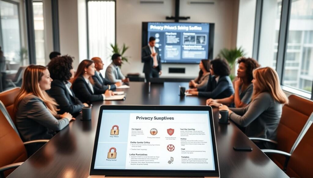 A modern office setting featuring a sleek conference table surrounded by diverse professionals in business attire engaged in a discussion. In the foreground, a laptop displaying a well-organized digital summary of privacy and security guidelines is open, with visuals such as lock icons and shield graphics subtly displayed on the screen. In the middle, a mix of ethnicities and genders are seated, attentively taking notes and sharing ideas while a confident facilitator stands presenting key points on a digital screen in the background, illuminated by soft, warm lighting. Natural light filters in through large windows, creating an inviting atmosphere. The overall mood is focused and collaborative, reflecting the importance of maintaining privacy and security during digital interactions. The perspective captures both the participants and the informative visual elements effectively, ensuring clarity and engagement. A modern office setting featuring a sleek conference table surrounded by diverse professionals in business attire engaged in a discussion. In the foreground, a laptop displaying a well-organized digital summary of privacy and security guidelines is open, with visuals such as lock icons and shield graphics subtly displayed on the screen. In the middle, a mix of ethnicities and genders are seated, attentively taking notes and sharing ideas while a confident facilitator stands presenting key points on a digital screen in the background, illuminated by soft, warm lighting. Natural light filters in through large windows, creating an inviting atmosphere. The overall mood is focused and collaborative, reflecting the importance of maintaining privacy and security during digital interactions. The perspective captures both the participants and the informative visual elements effectively, ensuring clarity and engagement.