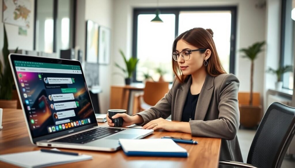 A modern office setting featuring a young professional woman attentively using WhatsApp Web on her laptop. She wears smart casual clothing, with a focused expression as she navigates the interface. The foreground showcases the laptop screen displaying the WhatsApp Web interface, showcasing a chat dialogue with vibrant colors and icons. In the middle, the woman sits at a sleek wooden desk, surrounded by office supplies like a notebook, pen, and a coffee mug. The background reveals a bright, well-lit workspace with a large window, letting in natural light, and a few potted plants for a fresh touch. The atmosphere is productive and calm, emphasizing a seamless work-from-home experience. A modern office setting featuring a young professional woman attentively using WhatsApp Web on her laptop. She wears smart casual clothing, with a focused expression as she navigates the interface. The foreground showcases the laptop screen displaying the WhatsApp Web interface, showcasing a chat dialogue with vibrant colors and icons. In the middle, the woman sits at a sleek wooden desk, surrounded by office supplies like a notebook, pen, and a coffee mug. The background reveals a bright, well-lit workspace with a large window, letting in natural light, and a few potted plants for a fresh touch. The atmosphere is productive and calm, emphasizing a seamless work-from-home experience.
