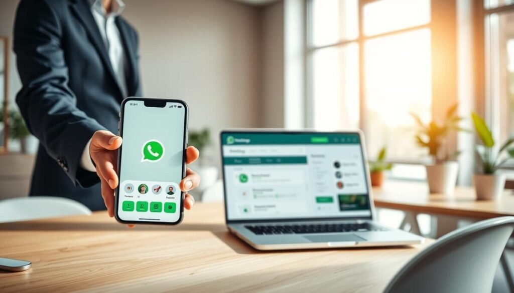 A modern office setting focusing on a digital device displaying the WhatsApp Business API interface. In the foreground, a sleek smartphone is held by a professional in a business suit, showcasing the app’s product catalog features. The middle layer features a laptop with a clear view of the WhatsApp Business API dashboard, highlighting options for scalability in an intuitive layout. The background includes an elegant office with minimalist design, featuring a light wooden desk and potted plants. Soft, natural lighting from a large window bathes the scene, creating a calm and productive atmosphere. The overall composition exudes professionalism and innovation, emphasizing the integration of technology into business solutions. A modern office setting focusing on a digital device displaying the WhatsApp Business API interface. In the foreground, a sleek smartphone is held by a professional in a business suit, showcasing the app’s product catalog features. The middle layer features a laptop with a clear view of the WhatsApp Business API dashboard, highlighting options for scalability in an intuitive layout. The background includes an elegant office with minimalist design, featuring a light wooden desk and potted plants. Soft, natural lighting from a large window bathes the scene, creating a calm and productive atmosphere. The overall composition exudes professionalism and innovation, emphasizing the integration of technology into business solutions.