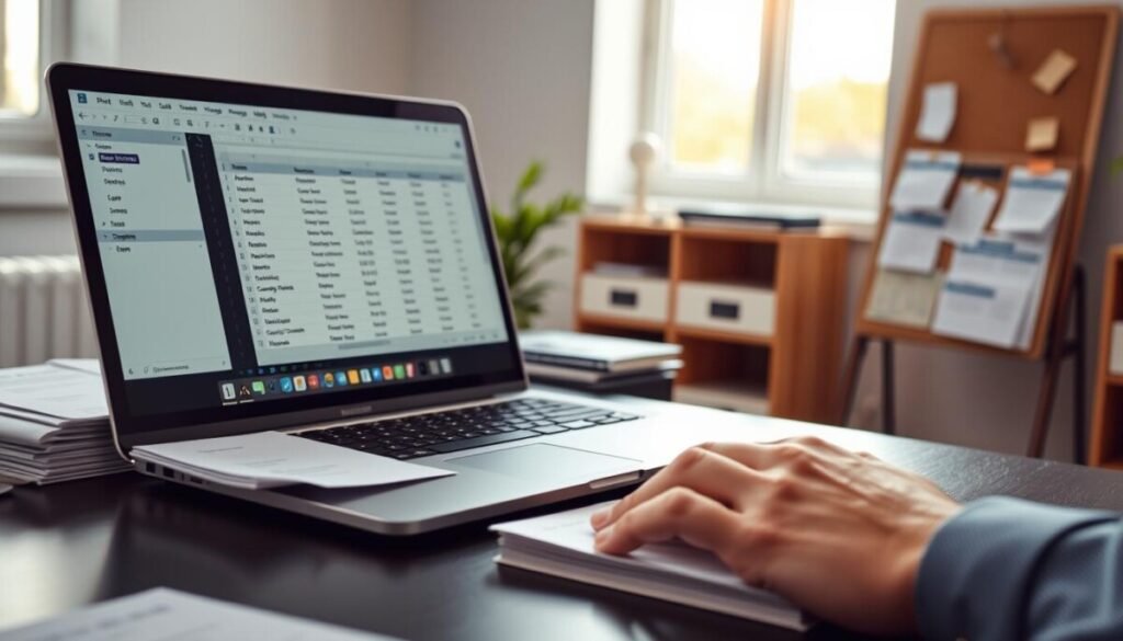 A modern office setting serves as the backdrop, featuring a well-organized desk with a sleek laptop open to a spreadsheet interface displaying sample data for a mail merge, such as names and addresses. In the foreground, a hand, clad in professional attire, is poised over the keyboard, highlighting interaction with the data. Several printed labels and letters are neatly stacked beside the laptop, showcasing the end result of the mail merge process. The room is bathed in soft, natural light streaming through a nearby window, creating a warm and inviting atmosphere. In the background, a simple corkboard displays additional notes and reminders, emphasizing the methodical preparation for a Word mail merge tutorial. The focus is sharp on the desk elements, with a soft bokeh effect on the surroundings to draw attention to the data source preparation. A modern office setting serves as the backdrop, featuring a well-organized desk with a sleek laptop open to a spreadsheet interface displaying sample data for a mail merge, such as names and addresses. In the foreground, a hand, clad in professional attire, is poised over the keyboard, highlighting interaction with the data. Several printed labels and letters are neatly stacked beside the laptop, showcasing the end result of the mail merge process. The room is bathed in soft, natural light streaming through a nearby window, creating a warm and inviting atmosphere. In the background, a simple corkboard displays additional notes and reminders, emphasizing the methodical preparation for a Word mail merge tutorial. The focus is sharp on the desk elements, with a soft bokeh effect on the surroundings to draw attention to the data source preparation.