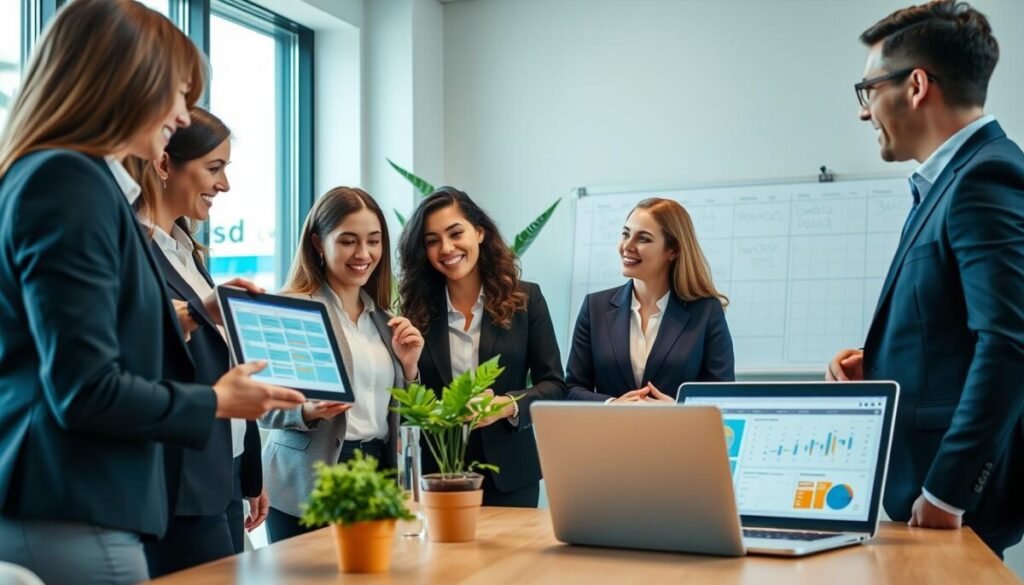 A modern office setting showcasing a diverse sales team engaged in CRM-integrated scheduling. In the foreground, a group of three professionals, two women and one man, wearing smart business attire, enthusiastically discussing a digital calendar displayed on a sleek tablet. In the middle, an open laptop shows graphs and scheduling tools, while a vibrant potted plant adds a touch of freshness. The background features a whiteboard filled with scheduling strategies and a large window allowing ample natural light to illuminate the scene. Capture this moment from a slightly elevated angle to emphasize collaboration and productivity. The overall atmosphere should be energetic and focused, highlighting the innovative use of technology in a professional environment.