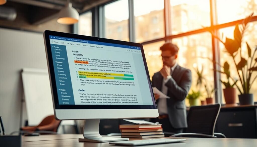 A modern office setting showcasing a sleek computer screen displaying the Hemingway Editor interface, focusing on readability scores and grade levels. In the foreground, a close-up view of the screen with highlighted text passages and colorful readability metrics. In the middle, a professional individual dressed in business casual attire, thoughtfully analyzing the feedback from the editor, surrounded by books and a notepad. The background features large windows allowing warm, natural light to fill the room, creating a calm and productive atmosphere. A soft focus on indoor plants adds a touch of creativity and freshness to the scene. The overall mood is inspiring and focused, evoking the essence of improving writing clarity. A modern office setting showcasing a sleek computer screen displaying the Hemingway Editor interface, focusing on readability scores and grade levels. In the foreground, a close-up view of the screen with highlighted text passages and colorful readability metrics. In the middle, a professional individual dressed in business casual attire, thoughtfully analyzing the feedback from the editor, surrounded by books and a notepad. The background features large windows allowing warm, natural light to fill the room, creating a calm and productive atmosphere. A soft focus on indoor plants adds a touch of creativity and freshness to the scene. The overall mood is inspiring and focused, evoking the essence of improving writing clarity.