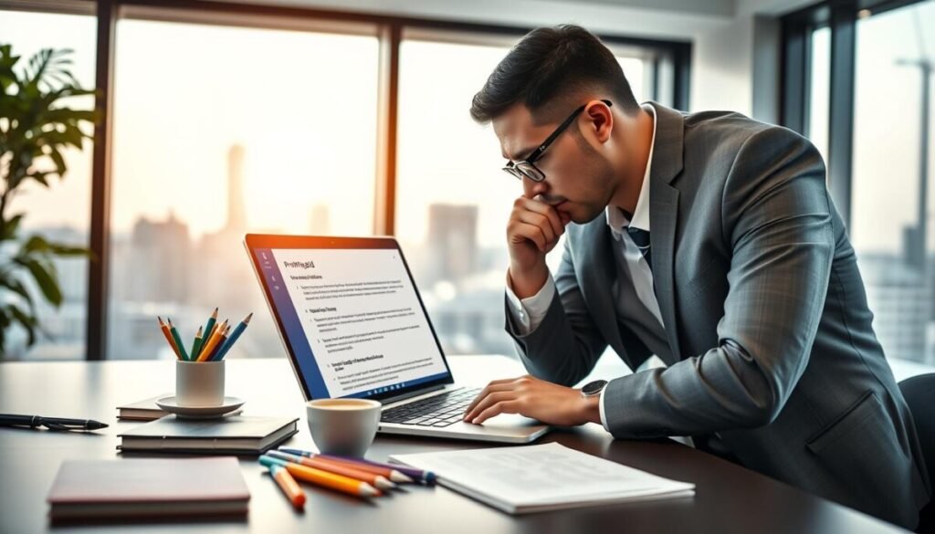A modern office setting showcasing a sophisticated workspace featuring a sleek laptop displaying the ProWritingAid interface. In the foreground, a professional-looking person in business attire leans thoughtfully over the keyboard, examining the writing suggestions highlighted on the screen. In the middle ground, various writing tools such as a stylish notebook, colorful pens, and a cup of coffee surround the laptop, symbolizing the traditional aspects of writing. In the background, a large window lets in soft, natural light, showcasing a cityscape that reflects innovation and progress. The mood conveys a sense of focused concentration and the synergy between technology and creativity in modern editing. Capture this scene in a high-resolution, bright, and inviting atmosphere, using a shallow depth of field to enhance the subject's engagement with the editing process. A modern office setting showcasing a sophisticated workspace featuring a sleek laptop displaying the ProWritingAid interface. In the foreground, a professional-looking person in business attire leans thoughtfully over the keyboard, examining the writing suggestions highlighted on the screen. In the middle ground, various writing tools such as a stylish notebook, colorful pens, and a cup of coffee surround the laptop, symbolizing the traditional aspects of writing. In the background, a large window lets in soft, natural light, showcasing a cityscape that reflects innovation and progress. The mood conveys a sense of focused concentration and the synergy between technology and creativity in modern editing. Capture this scene in a high-resolution, bright, and inviting atmosphere, using a shallow depth of field to enhance the subject's engagement with the editing process.