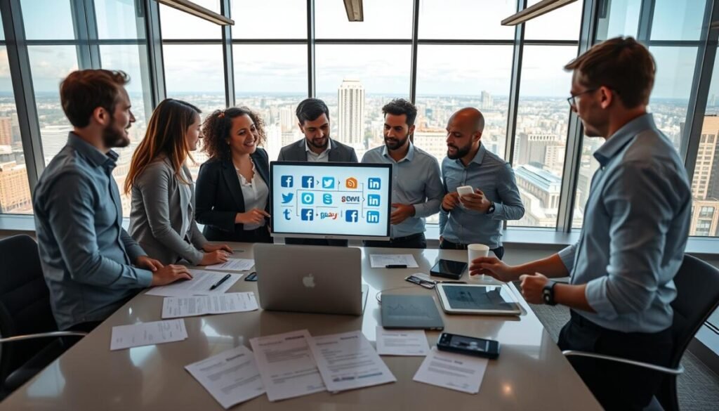 A modern office setting showcasing the concept of cross-posting content across social media networks. In the foreground, a diverse group of three professionals, dressed in smart casual clothing, actively collaborating around a sleek table. One person is demonstrating using a laptop, showcasing various social media logos like Bluesky, Twitter, and Facebook on screen. In the middle ground, documents with content strategies are scattered, and a whiteboard displays a flowchart of content distribution. The background reveals a panoramic view of a cityscape through large windows, illuminated by natural light, creating an energetic atmosphere. The scene is captured with a wide-angle lens, emphasizing teamwork and connectivity, while conveying a sense of innovation and efficiency in digital marketing strategies.