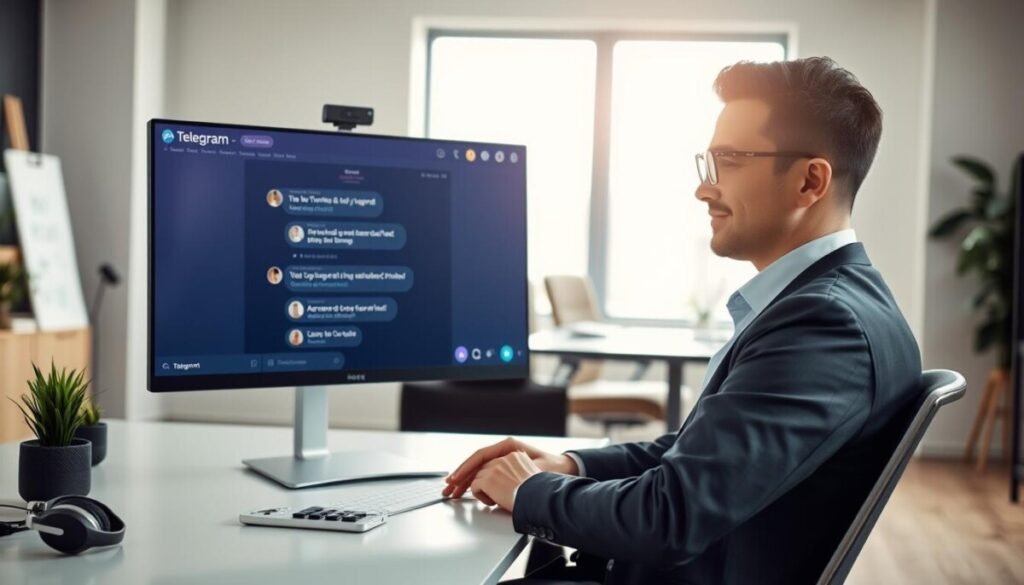 A modern office setting with a focus on digital customer support, featuring a sleek desktop with a Telegram chat interface displayed on the screen. In the foreground, a professional-looking individual wearing business attire, focused and engaged in conversing with a virtual customer via a chatbot, showcasing the use of Telegram for customer support. The middle of the scene includes stylish office furniture, like a minimalist desk and a comfortable chair, along with a few tech gadgets, such as a smartphone and headphones. The background shows a bright window with soft natural light streaming in, creating a warm and inviting atmosphere. The overall mood is productive and professional, emphasizing efficiency in customer service through technology.
