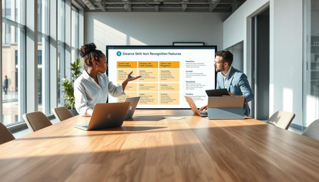 A modern office setting with a sleek, light-filled workspace as the background. In the foreground, a diverse group of three professionals—two women and one man—are collaborating around a large wooden table, using laptops and tablets. The scene captures them actively engaging in a discussion about digital note-taking applications. One woman, wearing a crisp white blouse, gestures towards a large touchscreen display showing a vibrant, interactive diagram of search text recognition features. The atmosphere is dynamic and focused, with natural light streaming in, casting soft shadows. The lens captures the scene from a slightly elevated angle to emphasize the technology and teamwork, conveying a sense of innovation and efficiency in information retrieval.