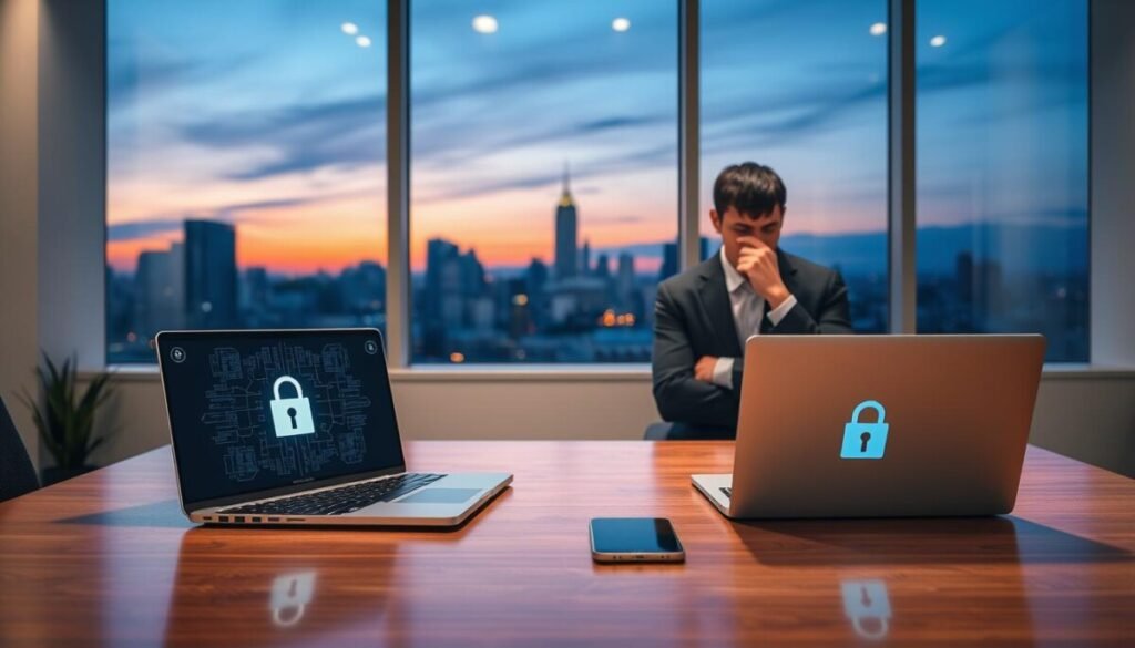 A modern office setting with a sleek, minimalist design. In the foreground, a laptop and a smartphone sit side by side on a polished wooden desk, both displaying digital padlocks symbolizing security. The middle ground features a backdrop of abstract digital patterns representing data encryption and protection — a visual metaphor for maintaining security. In the background, a large window reveals a city skyline under a twilight sky, casting soft, warm lighting that creates a cozy yet professional atmosphere. The scene captures a sense of technological harmony, reflecting a calm and focused workspace. Ensure a gender-neutral depiction of a person in professional attire, thoughtfully engaged with their devices, symbolizing vigilance in cross-device security. A modern office setting with a sleek, minimalist design. In the foreground, a laptop and a smartphone sit side by side on a polished wooden desk, both displaying digital padlocks symbolizing security. The middle ground features a backdrop of abstract digital patterns representing data encryption and protection — a visual metaphor for maintaining security. In the background, a large window reveals a city skyline under a twilight sky, casting soft, warm lighting that creates a cozy yet professional atmosphere. The scene captures a sense of technological harmony, reflecting a calm and focused workspace. Ensure a gender-neutral depiction of a person in professional attire, thoughtfully engaged with their devices, symbolizing vigilance in cross-device security.