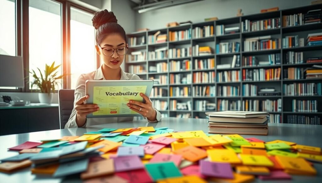 A modern office setting with a young professional woman sitting at a sleek desk, attentively reviewing a digital tablet filled with vocabulary-enhancing tools and paraphrasing software. In the foreground, a colorful spectrum of vocabulary flashcards is scattered, emitting a subtle glow that symbolizes knowledge expansion. In the middle, bright natural light filters through large windows, illuminating the workspace, while a large bookshelf filled with language reference books stands strong in the background, creating an atmosphere of inspiration and learning. The overall mood is focused and empowering, emphasizing the journey of improving language skills and tone. The image should be captured with a soft focus lens, highlighting the subject while gently blurring the background for depth.
