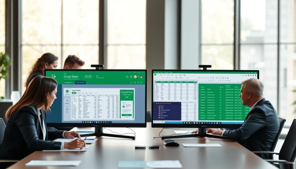 A modern office setup showcasing a split-screen comparison of Google Sheets and Excel on sleek monitors. In the foreground, a diverse group of professionals in smart business attire collaborate around a large conference table, examining complex spreadsheets. The middle features close-up visuals of user-friendly interfaces, with emphasis on accessibility features like high-contrast colors, large icons, and screen reader compatibility. The background displays large windows letting in natural light, creating a bright and inviting atmosphere. Use a slight depth of field effect to focus on the interfaces while subtly blurring the surrounding environment. The mood is one of collaboration and innovation, emphasizing the importance of accessible design in technology. A modern office setup showcasing a split-screen comparison of Google Sheets and Excel on sleek monitors. In the foreground, a diverse group of professionals in smart business attire collaborate around a large conference table, examining complex spreadsheets. The middle features close-up visuals of user-friendly interfaces, with emphasis on accessibility features like high-contrast colors, large icons, and screen reader compatibility. The background displays large windows letting in natural light, creating a bright and inviting atmosphere. Use a slight depth of field effect to focus on the interfaces while subtly blurring the surrounding environment. The mood is one of collaboration and innovation, emphasizing the importance of accessible design in technology.