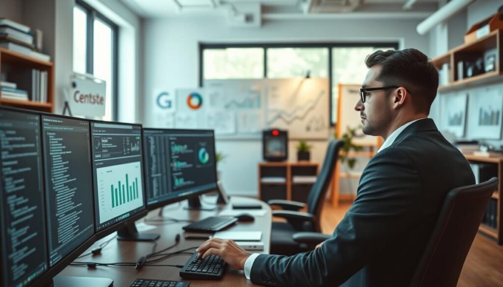 A modern office space dedicated to website maintenance, featuring a large, sleek computer workstation with multiple monitors displaying lines of code and analytics dashboards. In the foreground, a professional wearing business attire, focused on troubleshooting a website issue, exudes a sense of diligence. The middle ground showcases charts and graphs pinned to a whiteboard, illustrating trends and updates. The background includes shelves filled with tech books and gadgets, and a large window letting in natural light, creating an energized but calm atmosphere. Soft ambient lighting enhances the professional environment, providing a clear view of the organized workspace. The overall mood is one of focus and productivity, suitable for illustrating ongoing maintenance and updates in a digital age.