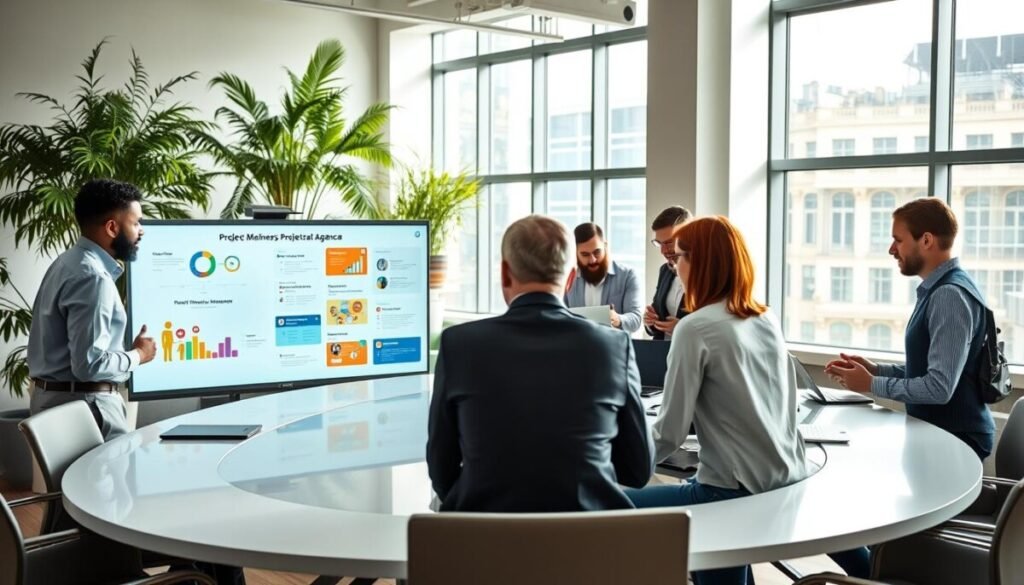 A modern office space designed for collaboration, featuring a diverse group of professionals in smart casual attire working together around a sleek, oval conference table. In the foreground, focus on a digital whiteboard displaying colorful graphics and diagrams related to project management. In the middle ground, team members discuss and strategize, actively engaging with one another, using laptops and tablets. The background showcases large windows allowing for natural light to flood the space, complemented by greenery that adds a fresh atmosphere. The lighting is bright and inviting, emphasizing teamwork and creativity. A wide-angle lens captures the synergy of the workspace, creating a vibrant, dynamic mood that highlights effective collaboration tools for teams and agencies. A modern office space designed for collaboration, featuring a diverse group of professionals in smart casual attire working together around a sleek, oval conference table. In the foreground, focus on a digital whiteboard displaying colorful graphics and diagrams related to project management. In the middle ground, team members discuss and strategize, actively engaging with one another, using laptops and tablets. The background showcases large windows allowing for natural light to flood the space, complemented by greenery that adds a fresh atmosphere. The lighting is bright and inviting, emphasizing teamwork and creativity. A wide-angle lens captures the synergy of the workspace, creating a vibrant, dynamic mood that highlights effective collaboration tools for teams and agencies.