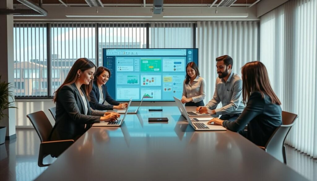 A modern office space showcasing a diverse team collaborating on a project. In the foreground, a group of four professionals, including a woman in a sharp blazer and a man in a business casual shirt, are gathered around a sleek conference table filled with laptops and notepads. The middle ground features a large digital screen displaying a colorful flowchart and project management tools, illustrating collaborative editing processes. The background shows large windows letting in natural light, with vertical blinds casting soft shadows. The atmosphere is focused and dynamic, embodying teamwork and productivity. The overall lighting is bright and inviting, promoting a sense of innovation and engagement in a business environment. A modern office space showcasing a diverse team collaborating on a project. In the foreground, a group of four professionals, including a woman in a sharp blazer and a man in a business casual shirt, are gathered around a sleek conference table filled with laptops and notepads. The middle ground features a large digital screen displaying a colorful flowchart and project management tools, illustrating collaborative editing processes. The background shows large windows letting in natural light, with vertical blinds casting soft shadows. The atmosphere is focused and dynamic, embodying teamwork and productivity. The overall lighting is bright and inviting, promoting a sense of innovation and engagement in a business environment.
