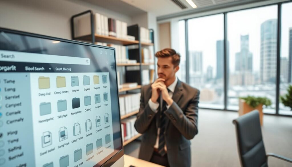 A modern office space showcasing an organized digital library on a computer screen, with an individual in professional business attire thoughtfully exploring various search capabilities. In the foreground, the computer display features a sleek interface with labeled folders, tags, and a dynamic search bar, illustrating efficient library organization. The middle space includes shelves filled with neatly arranged books and journals, conveying a blend of tradition and technology. Soft, diffused lighting creates a welcoming atmosphere, while the background reveals large windows with a cityscape, enhancing a sense of productivity. The angle captures a close-up of the workspace, focusing on the user’s engagement with the search features, reflecting a professional yet inviting mood. A modern office space showcasing an organized digital library on a computer screen, with an individual in professional business attire thoughtfully exploring various search capabilities. In the foreground, the computer display features a sleek interface with labeled folders, tags, and a dynamic search bar, illustrating efficient library organization. The middle space includes shelves filled with neatly arranged books and journals, conveying a blend of tradition and technology. Soft, diffused lighting creates a welcoming atmosphere, while the background reveals large windows with a cityscape, enhancing a sense of productivity. The angle captures a close-up of the workspace, focusing on the user’s engagement with the search features, reflecting a professional yet inviting mood.