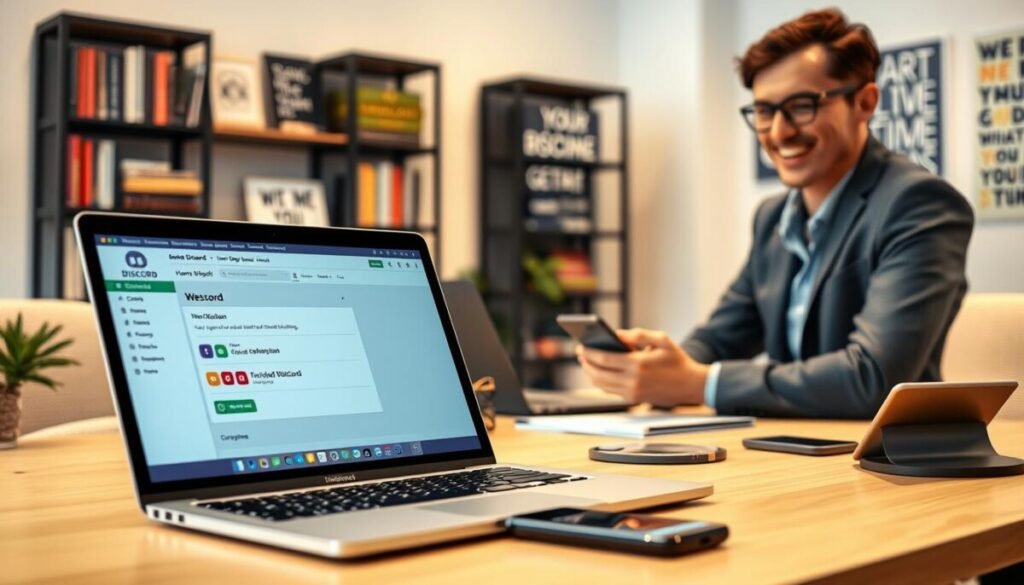 A modern office workspace depicting the configuration of a Discord webhook. In the foreground, a sleek laptop displays the Discord interface, highlighting the webhook configuration page with colorful buttons and options. Beside the laptop, a professional person in smart casual attire is focused on setting up the webhook, showcasing a friendly yet concentrated expression. In the middle ground, there are various tech gadgets, such as a smartphone and a tablet, hinting at interconnectedness. The background features soft-focus shelves filled with tech books and inspirational posters, creating a motivational atmosphere. The lighting is bright and warm, emphasizing a productive mood, with a shallow depth of field focusing on the laptop screen. Overall, the scene illustrates a tech-savvy environment perfect for configuring webhooks.